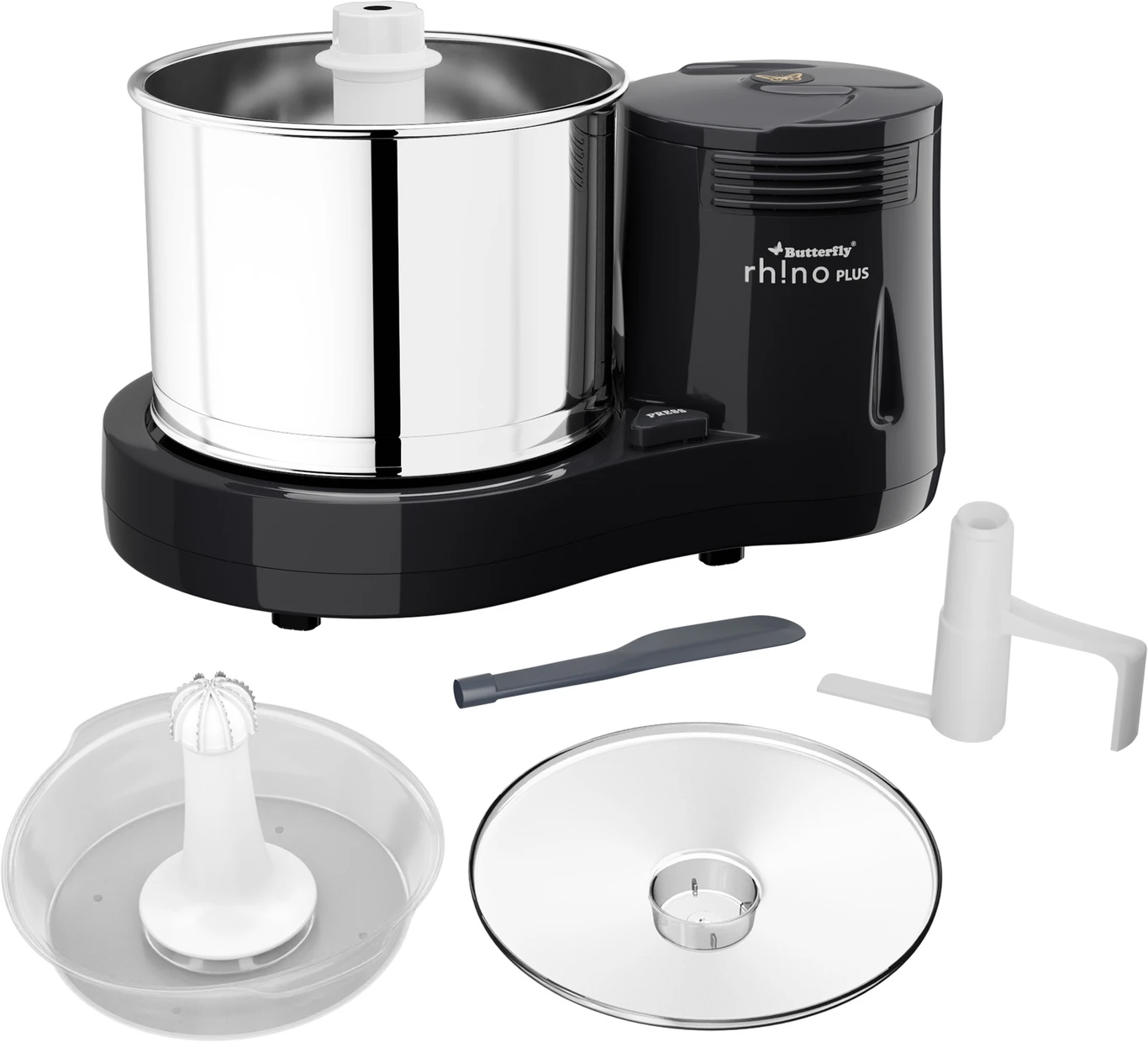 Butterfly Rhino Plus Wet Grinder Shockproof ABS Body Coconut Scrapper Attachment Dough Kneader Stainless Steel Drum 2 Years Manufacturer's Warranty (Grey)